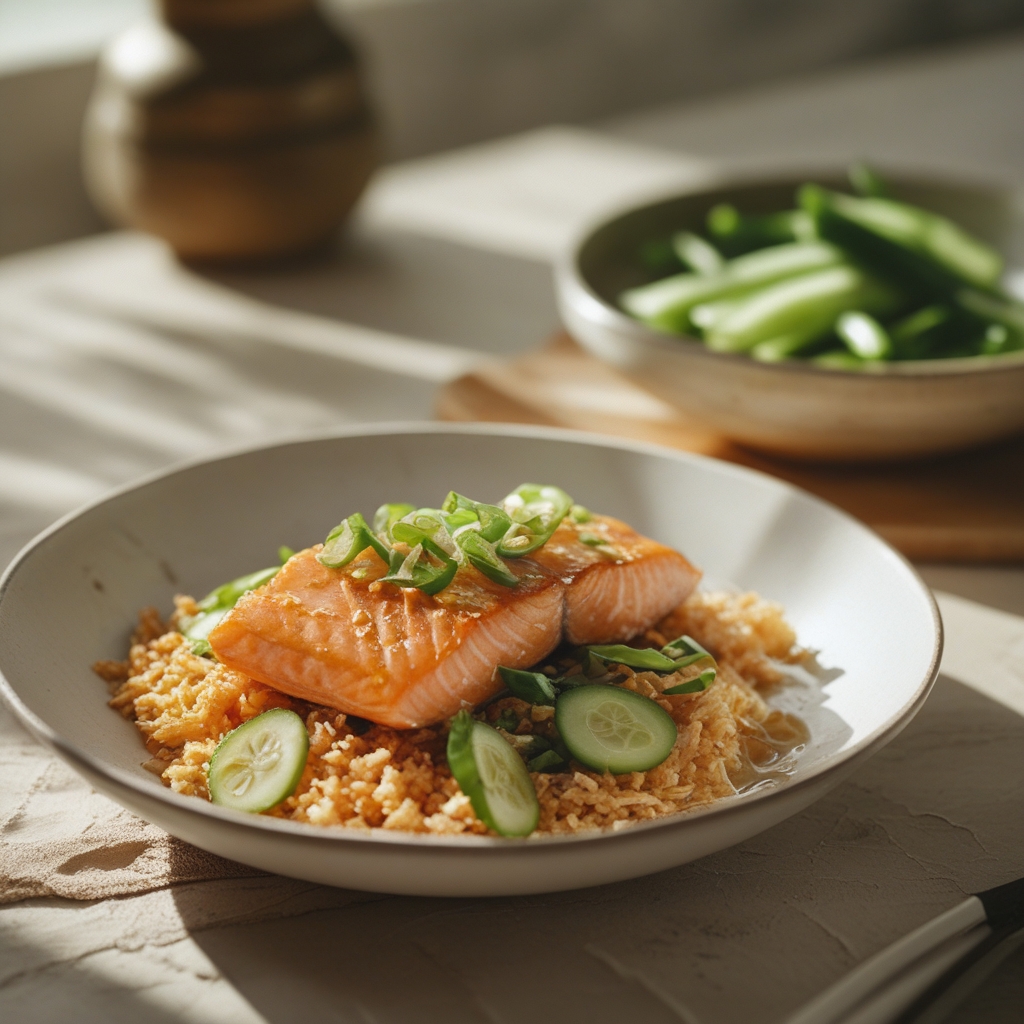 Sizzling Ginger-Scallion Salmon Protein Power Bowl with Crispy Rice Crust & Quick Cucumber Salad