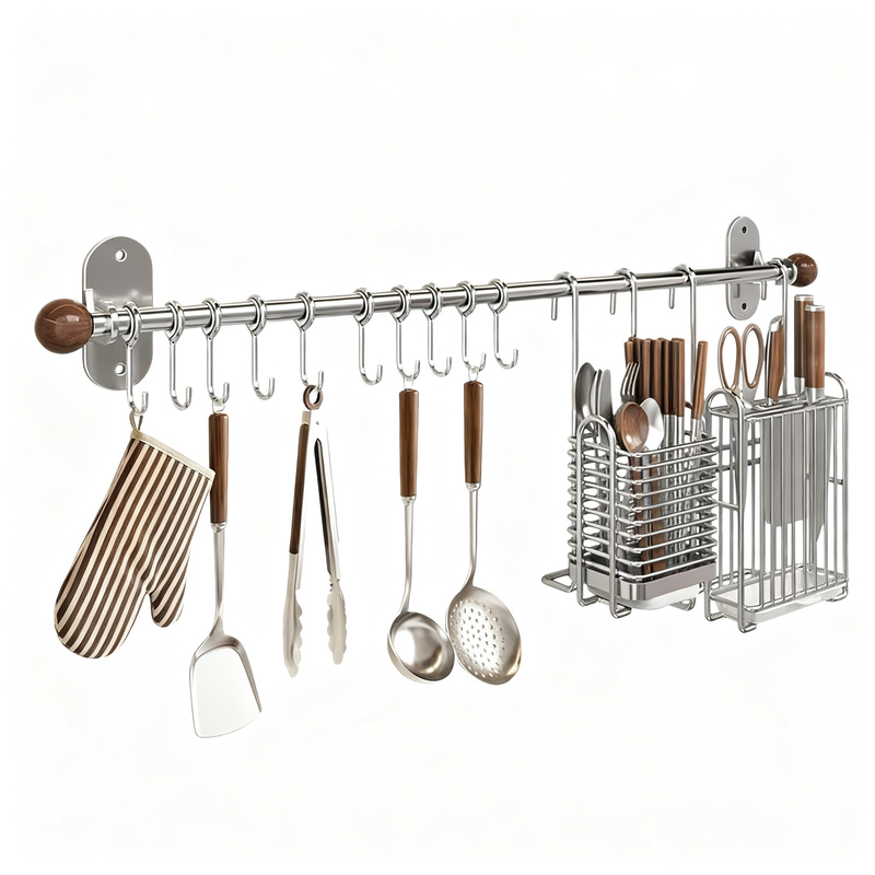 Stainless steel wall holder with hooks for kitchen utensils