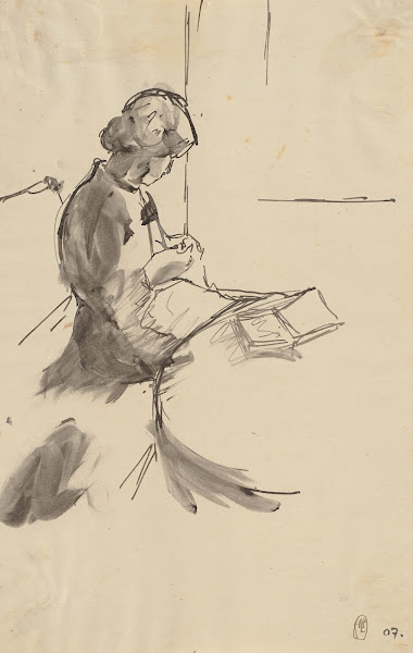 Strickende Frau auf dem Tisch ein Buch liegend 1907