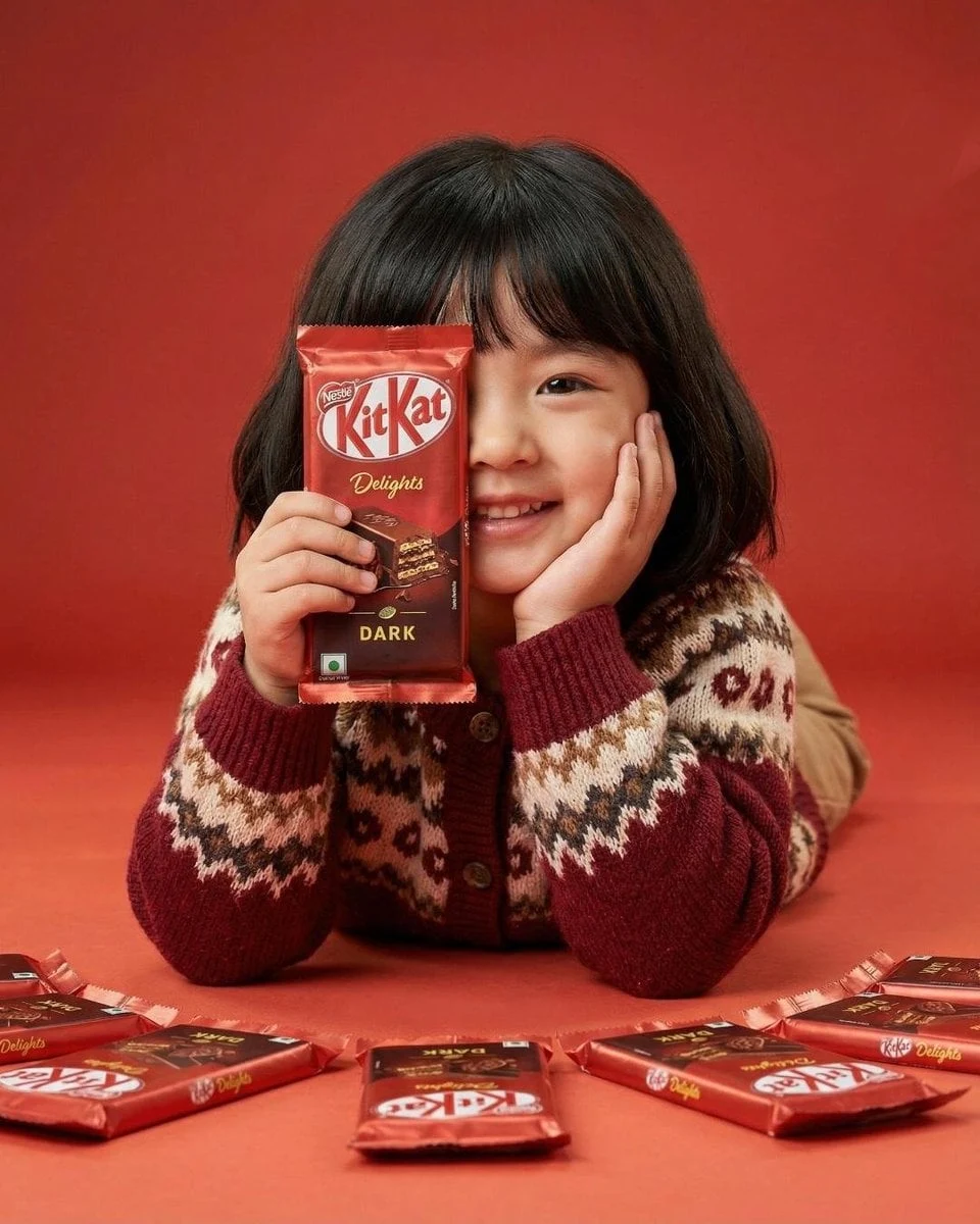 Una linda jovencita con cabello negro corto y flequillo sonríe mientras sostiene una barra de chocolate KitKat Dark roja...