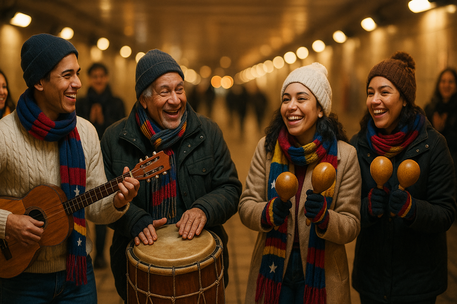 Músicos venezolanos tocando gaita en un metro internacional