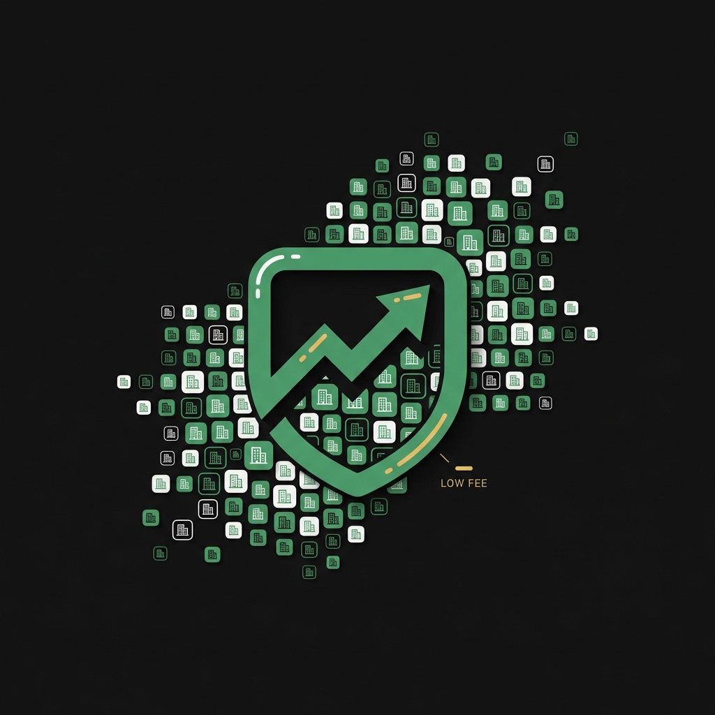 Minimalist illustration of many company icons pooled into one index fund icon with a subtle low fee badge on dark background how do you start investing in stock market