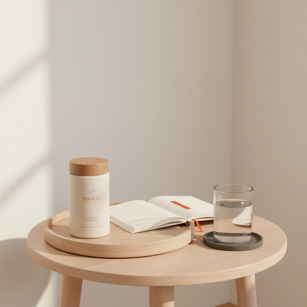 Motus supplement jar on a wooden tray beside a notebook and glass of water on a bedside table in Tonum colors — should women take creatine when losing weight?