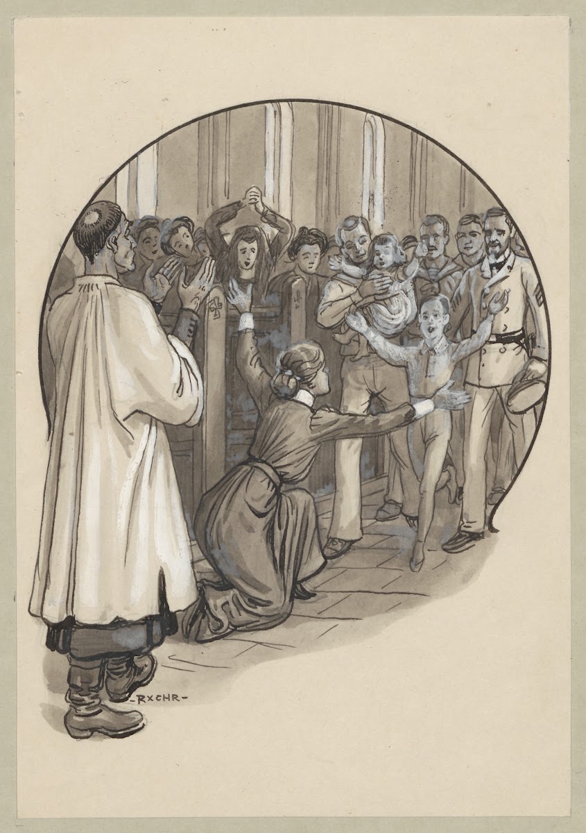 In church a woman falls to her knees and spreads her arms to embrace a boy 1916