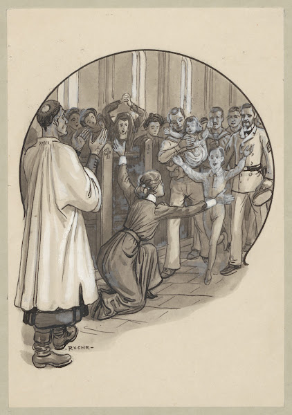 In church a woman falls to her knees and spreads her arms to embrace a boy 1916