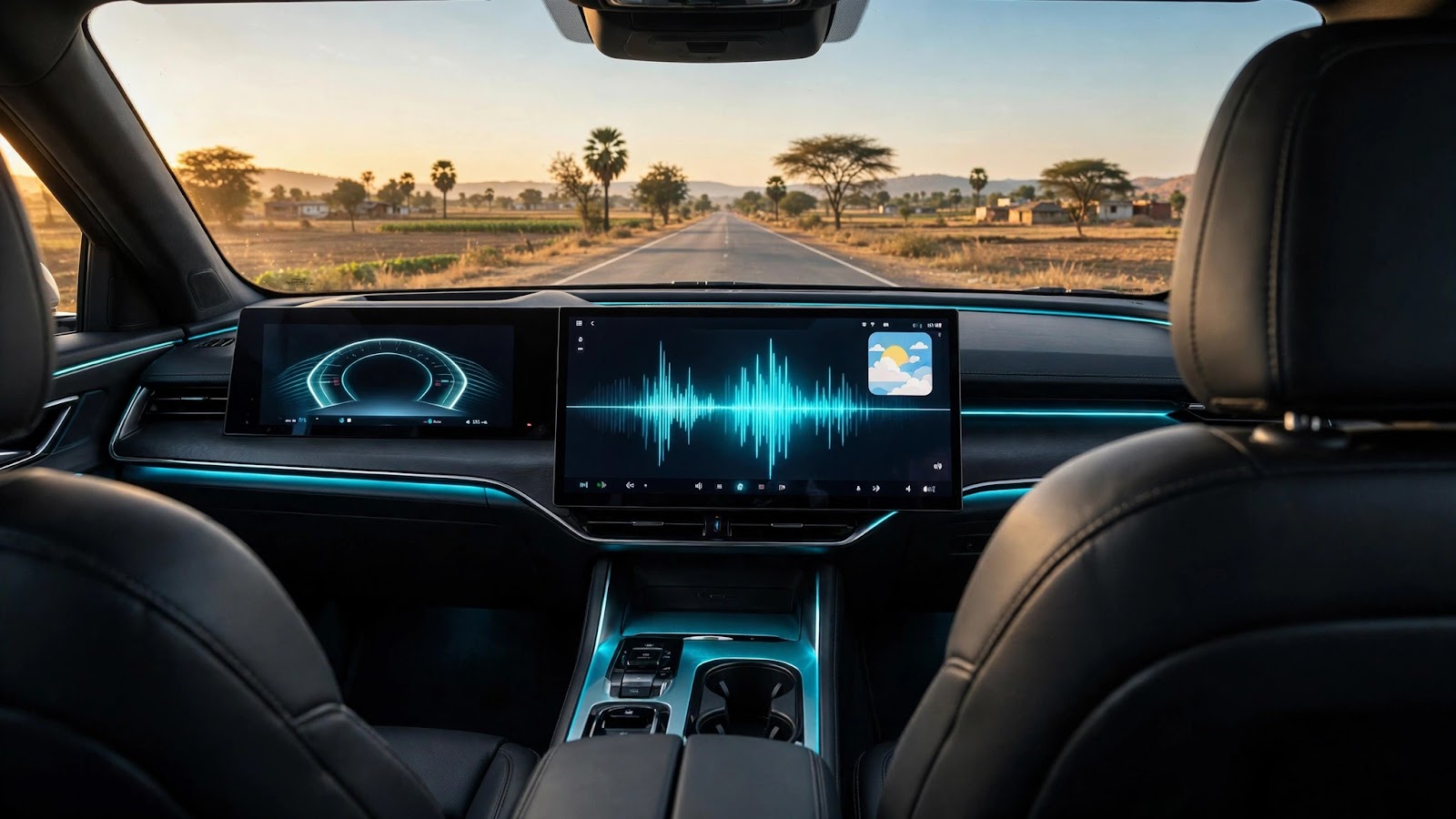 Driver's view of an SUV cockpit with the AI voice assistant displaying a weather card on the central screen during a highway drive