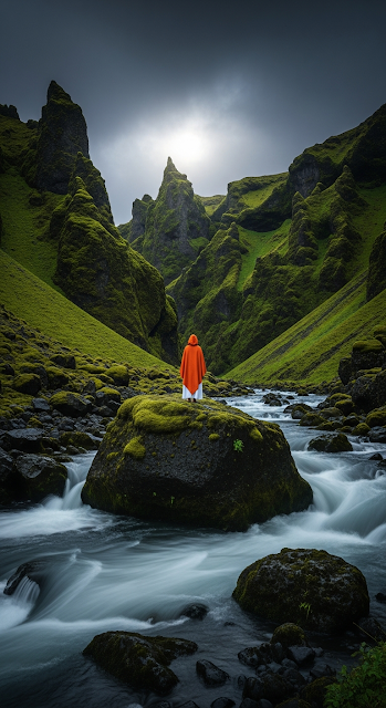 Epic and Turbulent Landscape of a Person in an Orange Cloak Standing on a Rock in a Fast-Flowing River Gorge - Free mobile Wallpaper