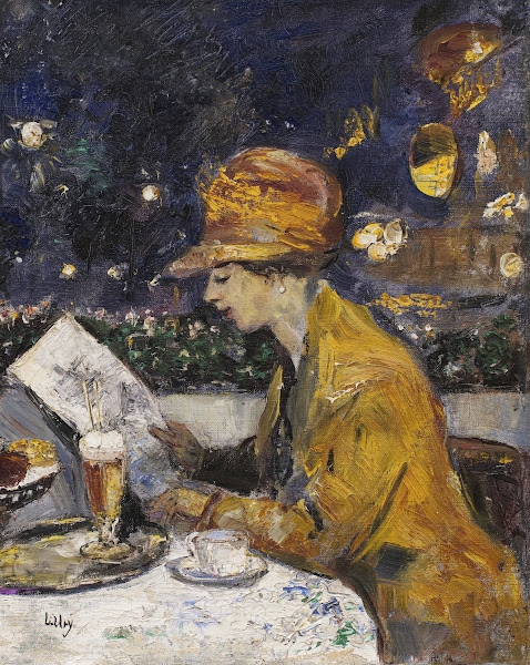 Dame im gelben Kleid im Café Café Bauer 1910