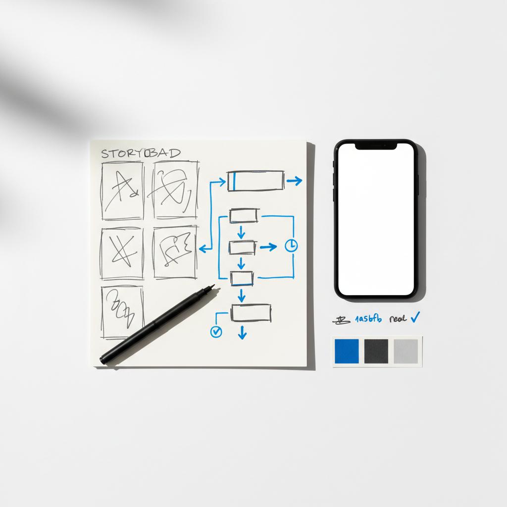 Top-down desk with phone mockup showing blank vertical reel frame, storyboard sketches, pen and color swatches in #1a5bfb and #39383f &mdash; instagram ad tutorial