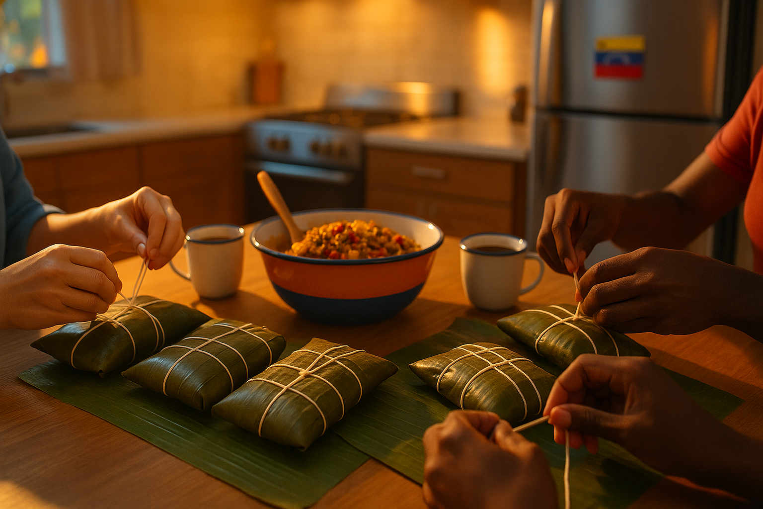 Manos venezolanas amarrando hallacas en una mesa comunitaria, ambiente cálido y festivo
