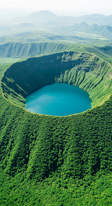 Stunning Aerial View of Deep Green Forest Surrounding a Blue Crater Lake