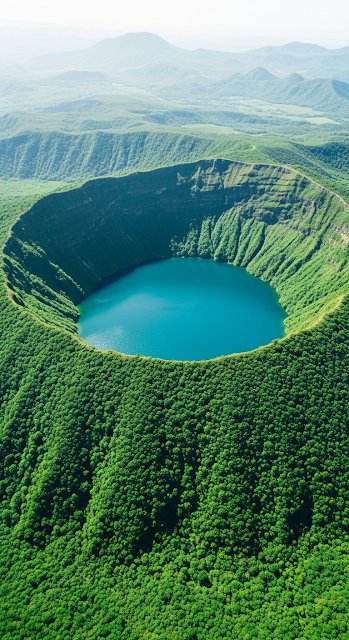 Stunning Aerial View of Deep Green Forest Surrounding a Blue Crater Lake - Free mobile Wallpaper