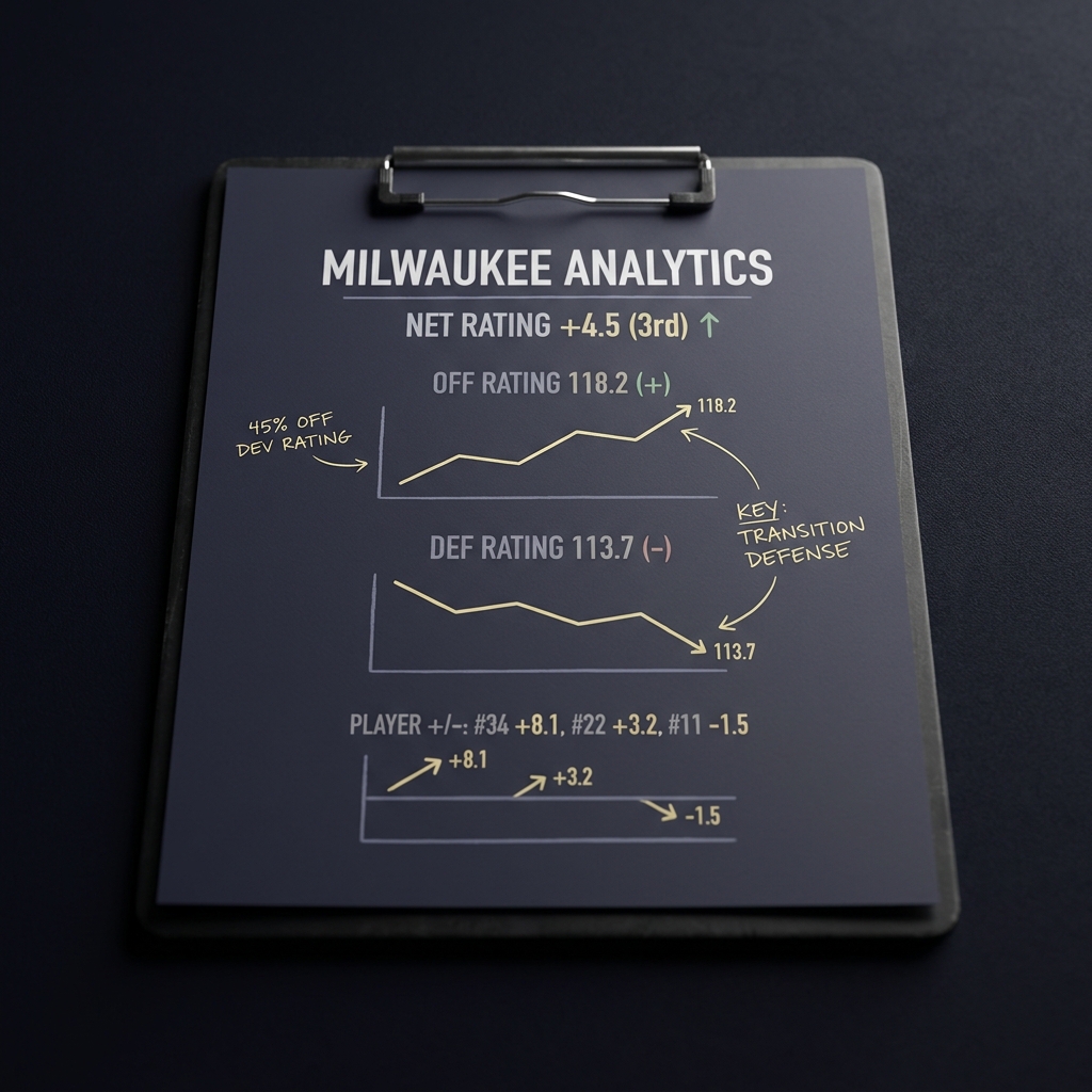 Close up court clipboard with Milwaukee net rating and stats annotations minimalist analytics layout in Funded Plays palette bucks bulls prediction