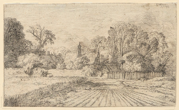 Landscape with rural buildings Road next to a corn field 1742