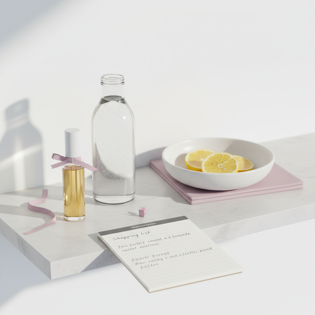 Minimalistisches Badezimmer‑Stillleben mit ungebrandeter Nagelöl‑Flasche, Glaswasser, Zitronenscheiben und Notizbuch als Pflegekonzept für brüchige Nägel