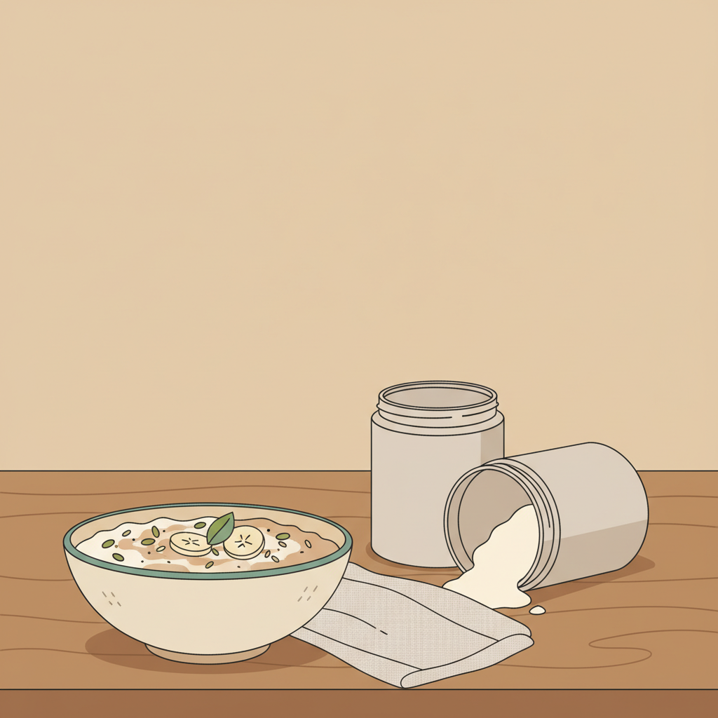 Minimalistische 2D-Vektorillustration einer Keramikschale mit pflanzlicher Proteinmahlzeit und offenem, unbeschriftetem Proteingefäß auf Holzarbeitsfläche, geeignet für muskelaufbau-Artikel.