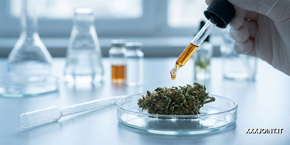Scena di laboratorio con petri dish e cima di Cannabis Indica analizzata con pipetta