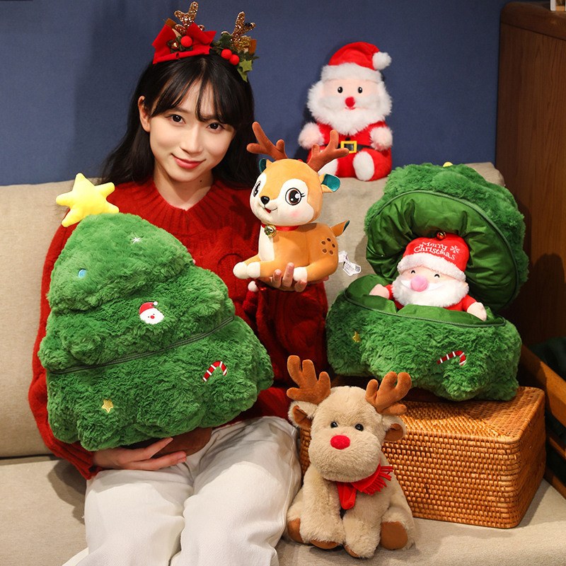 Christmas plush toys, deer and Santa Claus