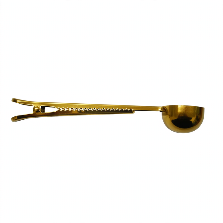 Stainless steel coffee spoon with sealing clamp