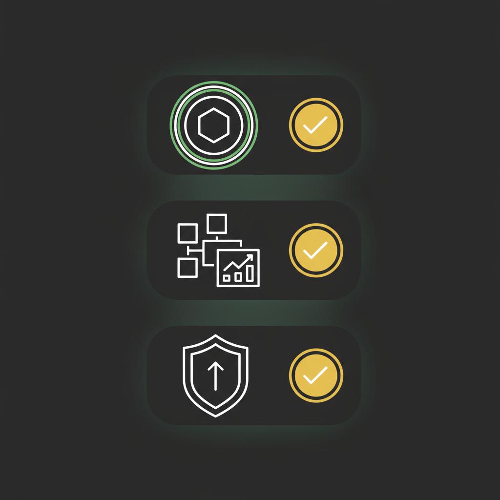 Minimalist 2D vector checklist for coins market showing three icon cards for tokenomics on chain metrics and regulatory checks each marked with gold ticks