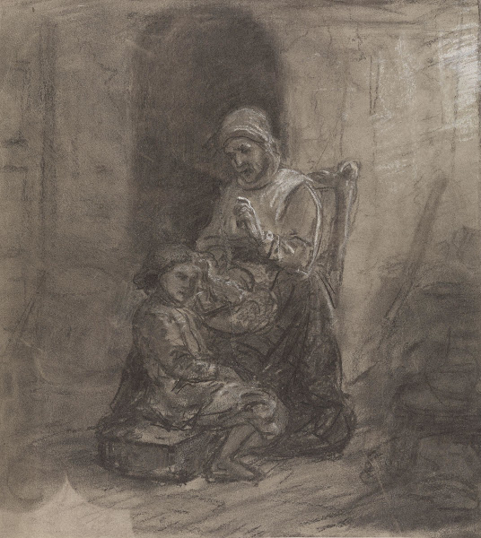 Gammel kone og liten gutt i interiør