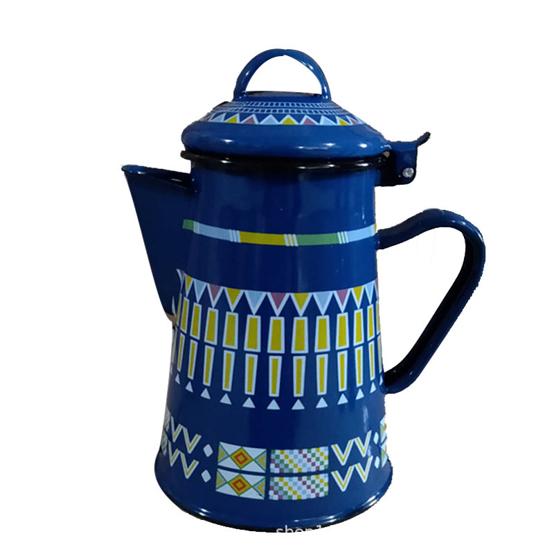 Enamel kettle with handle, blue design