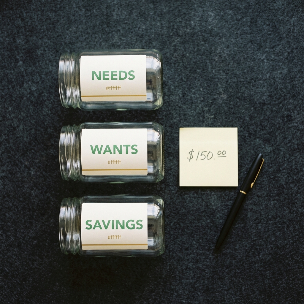 Flat lay of envelopes and jars labeled needs wants savings on dark textured background 3 5 7 rule in day trading with a sticky note showing a handwritten dollar amount