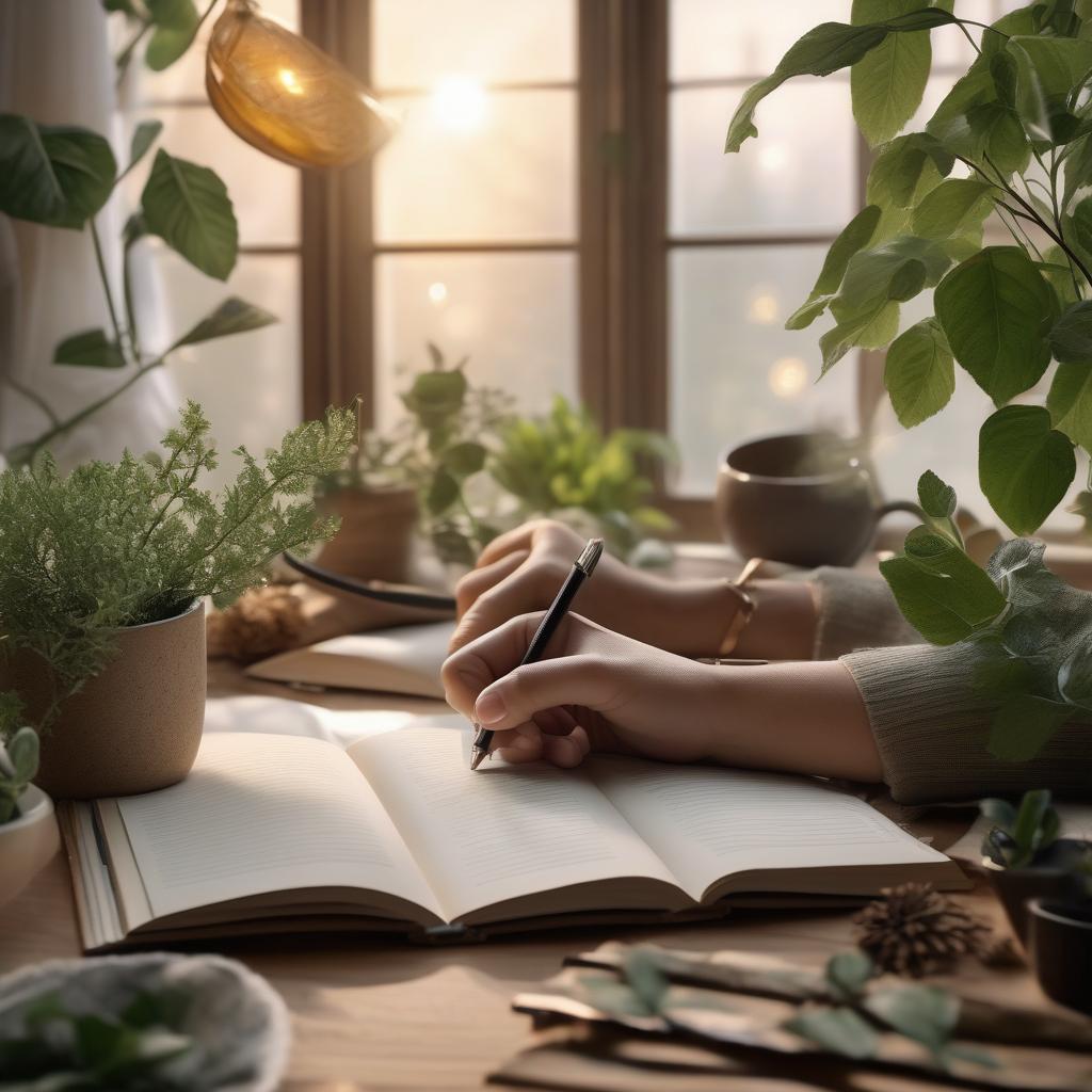 A person writing in a journal with a cup of herbal tea, surrounded by calming elements like plants and soft lighting