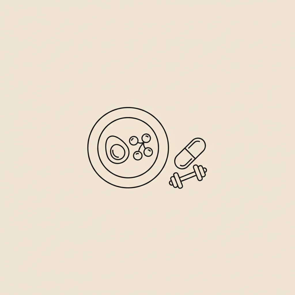Minimalist vector line illustration of a plate with an egg, small berry cluster, a capsule and a dumbbell on beige background — best weight loss supplement for men