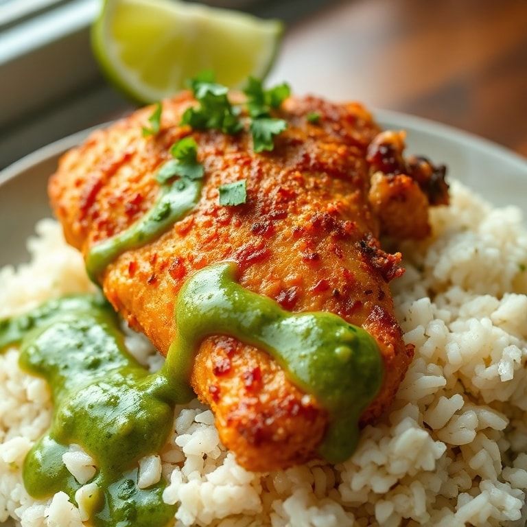 Crispy Peruvian Chicken with Cilantro Lime Rice and Green Sauce: Quick Homemade Dinner finished