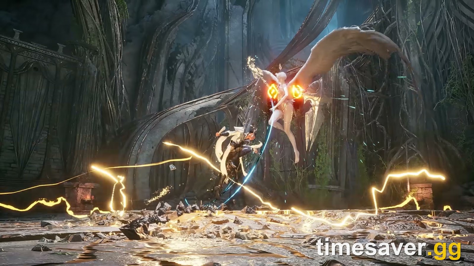 Winged AION 2 Daevas clash in mid-air combat amid golden lightning in a ruined cathedral — the aerial flight combat that defines the head start experience