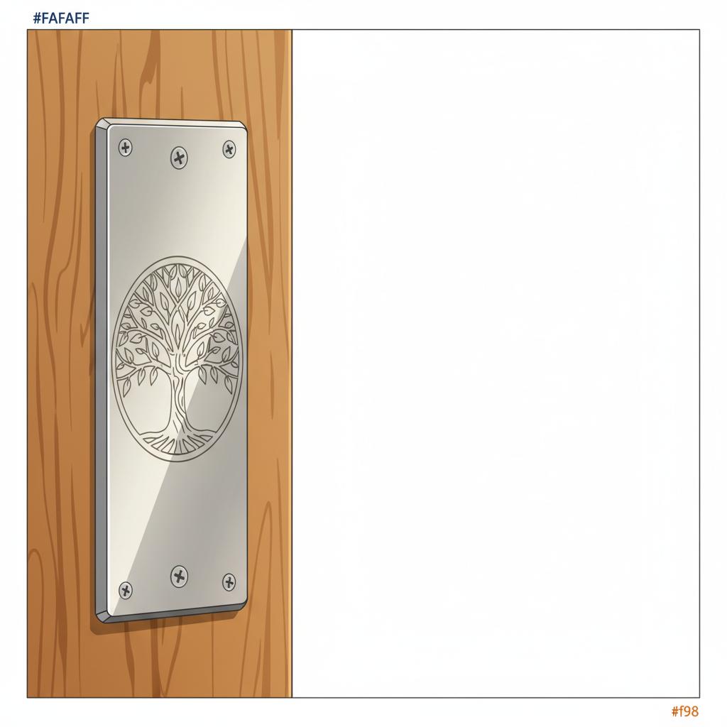 Welche Symbole bringen Glück? Nahaufnahme einer Türtafel mit Lebensbaum aus gebürstetem Metall an Holzwand, warme Beleuchtung und handwerkliche Gravur
