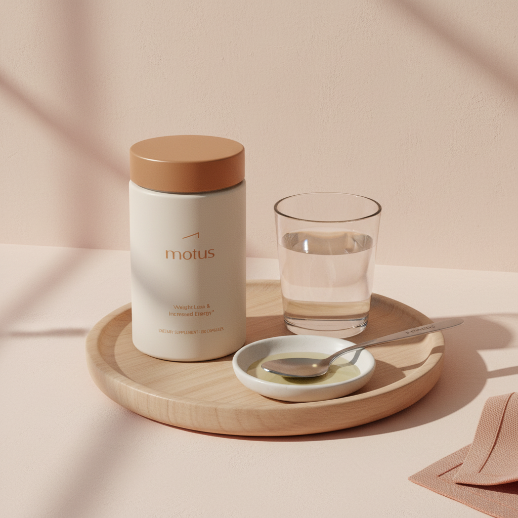 Minimal still-life of Tonum Motus supplement bottle on a wooden tray with a spoonful of MCT oil in a white dish and a glass of water, illustrating MCT oil disadvantages in a weight-loss context.