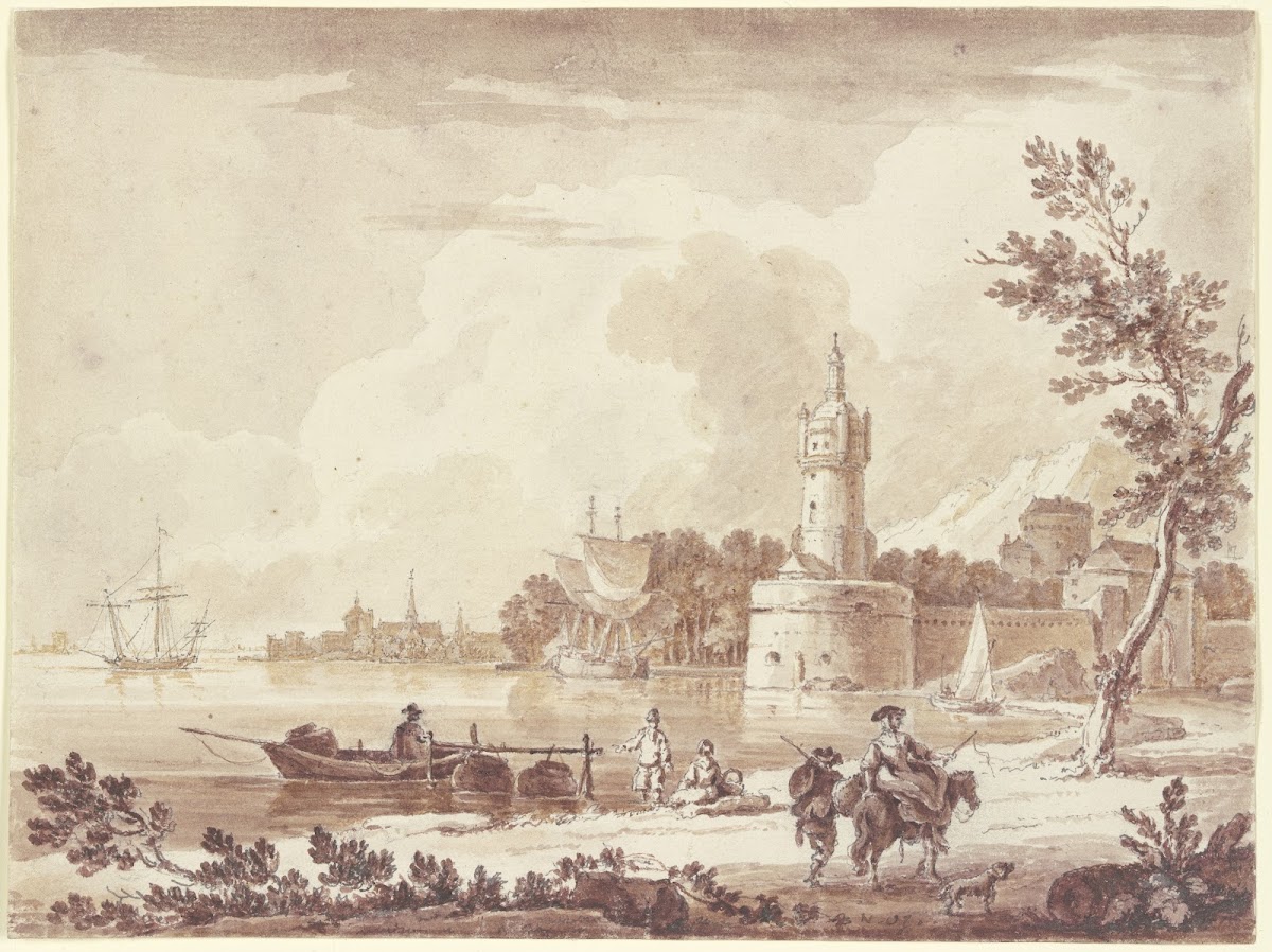 Meeresbucht Mit Einem Leuchtturm Und Einer Befestigung Im Hintergrund Ca 1783 17