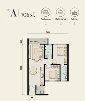 M Aspira Type A floor plan — 806 sq ft, 2 bedrooms