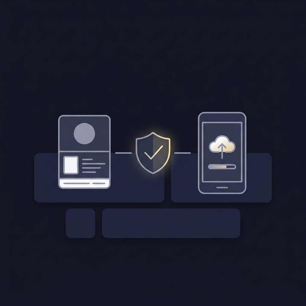 Flat 2D vector illustration of a passport and smartphone upload icon connected by a shield with check to represent secure KYC and account safety in Funded Plays brand colors www bet 9ja com