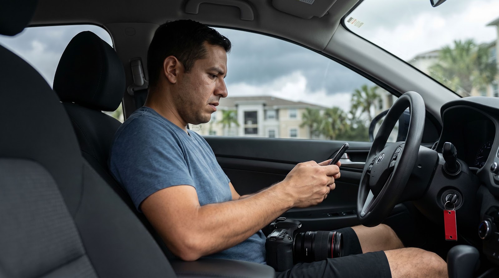 Conductor latino revisa su póliza dentro del auto para evitar errores con el deducible seguro auto huracan florida