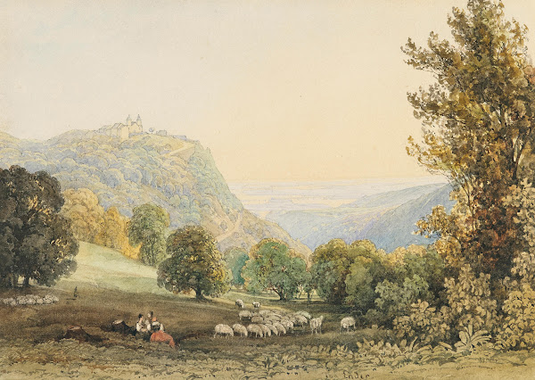 View of Leopoldsberg with resting women and sheep in the foreground
