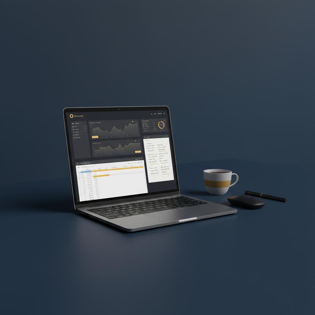 Minimalist workspace with laptop showing a searchable dashboard, spreadsheet and notes on a dark #0B1E33 background with Orvus Ltd accents #C8A45D &mdash; Semrush review