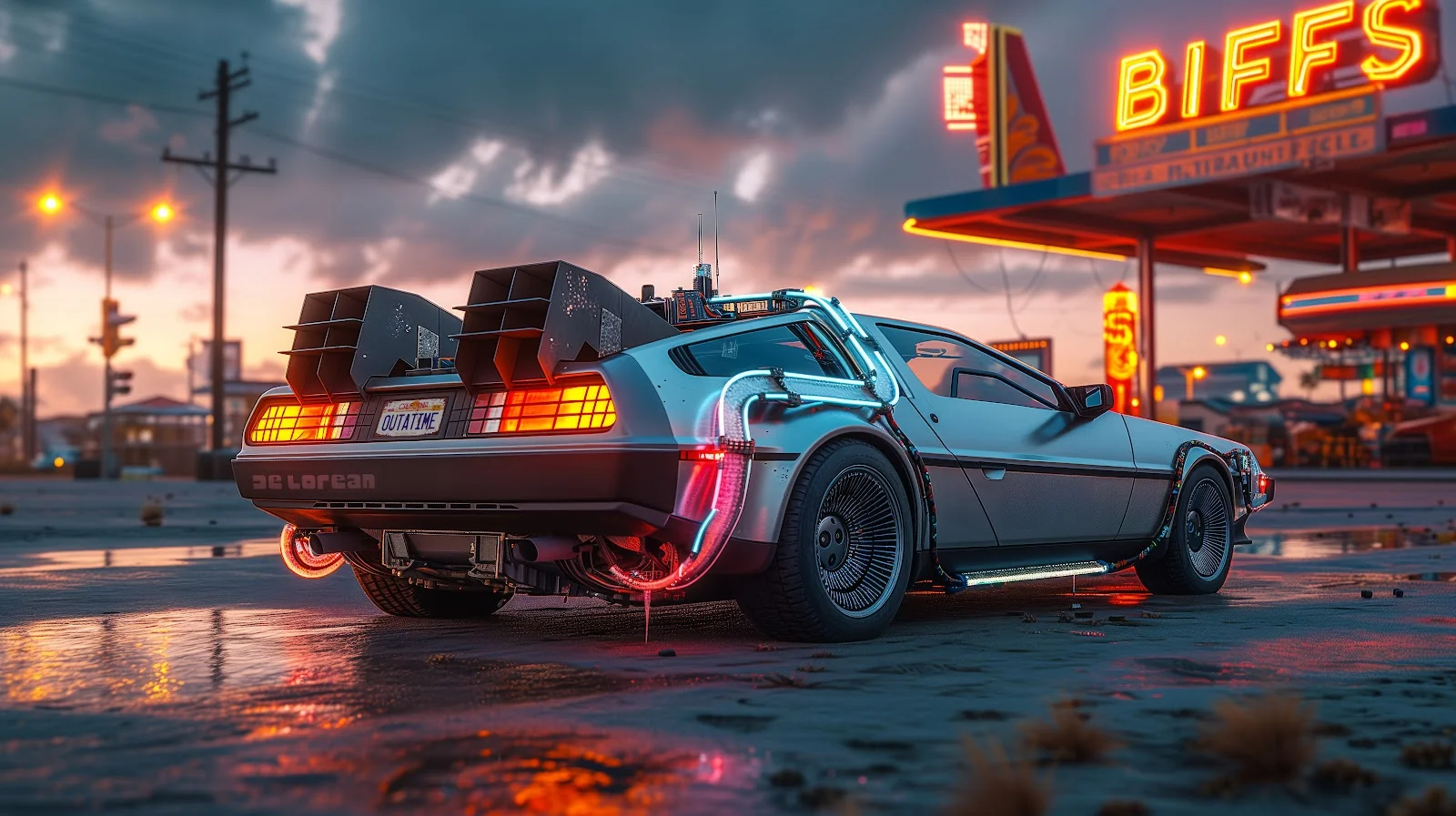 A Stunning Ai Art, Back To The Future, Time Machine, Dusk, Neon 5K Desktop and Mobile Wallpaper Background (5824x3264)