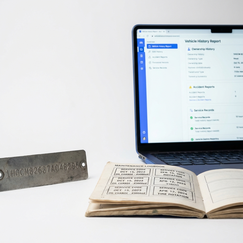 Chevy Tahoe for sale close up of VIN plate maintenance log with service stamps and laptop showing vehicle history report on clean white background