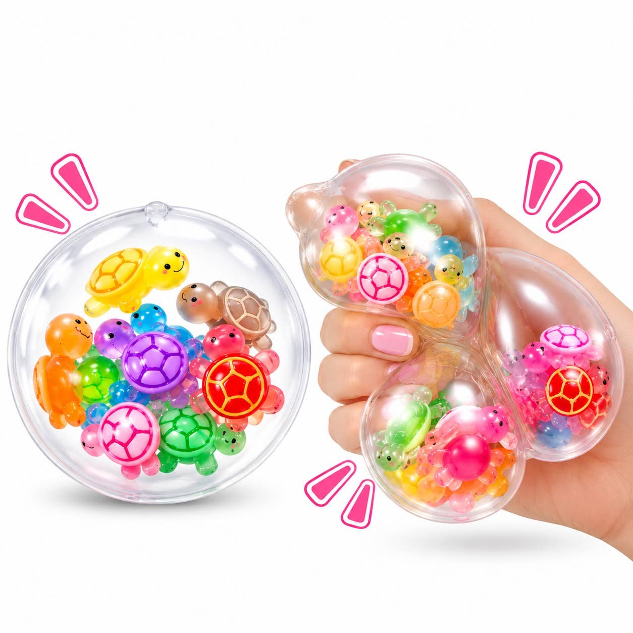 A transparent squishy ball with small colourful turtle figures suspended inside