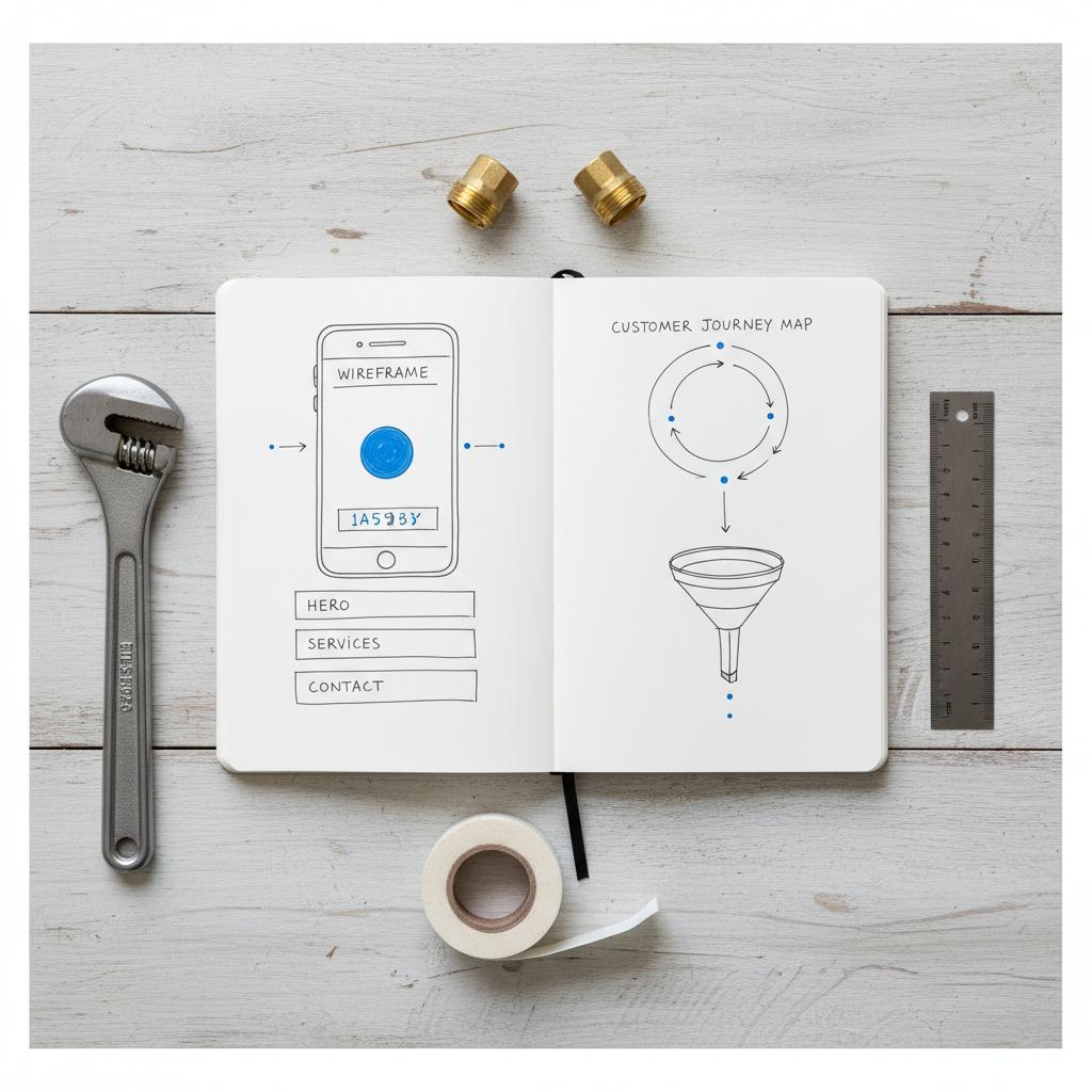 Top-down view of a plumber's workbench with tools and an open notebook showing a sketched mobile-first website wireframe, concept for a website for plumbers