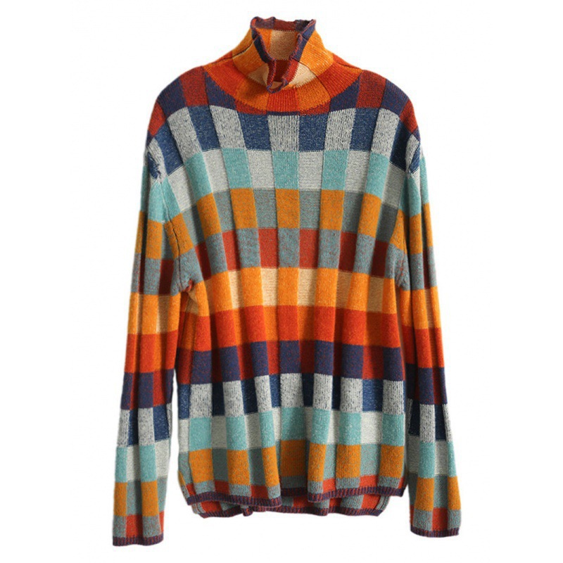 Women's Knit Sweater, Checkered Pattern, Roll Collar