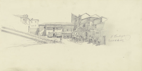 Group of houses with donkeys 1857