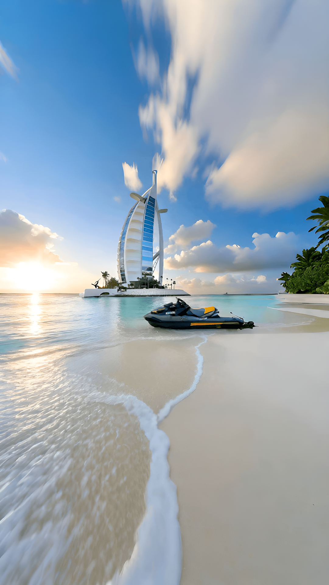Dubai Luxury Beach Sunset with Jet Ski and Burj Al Arab - Free 4K mobile Wallpaper