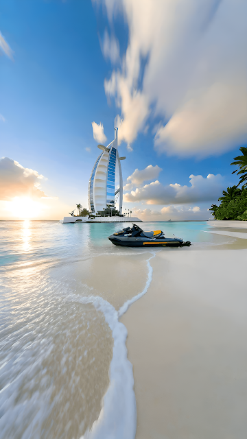 Dubai Luxury Beach Sunset with Jet Ski and Burj Al Arab - Free mobile Wallpaper