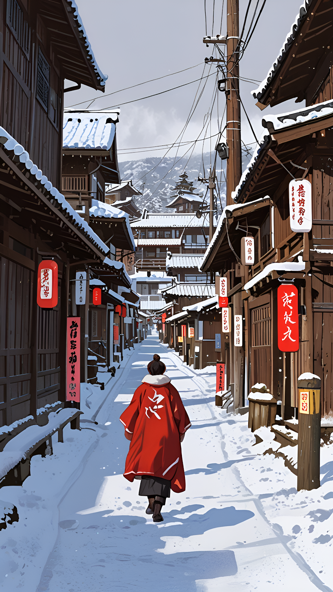 Traditional Japanese Snow Village Red Cloak Traveler - Free 4K mobile Wallpaper