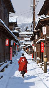 Traditional Japanese Snow Village Red Cloak Traveler
