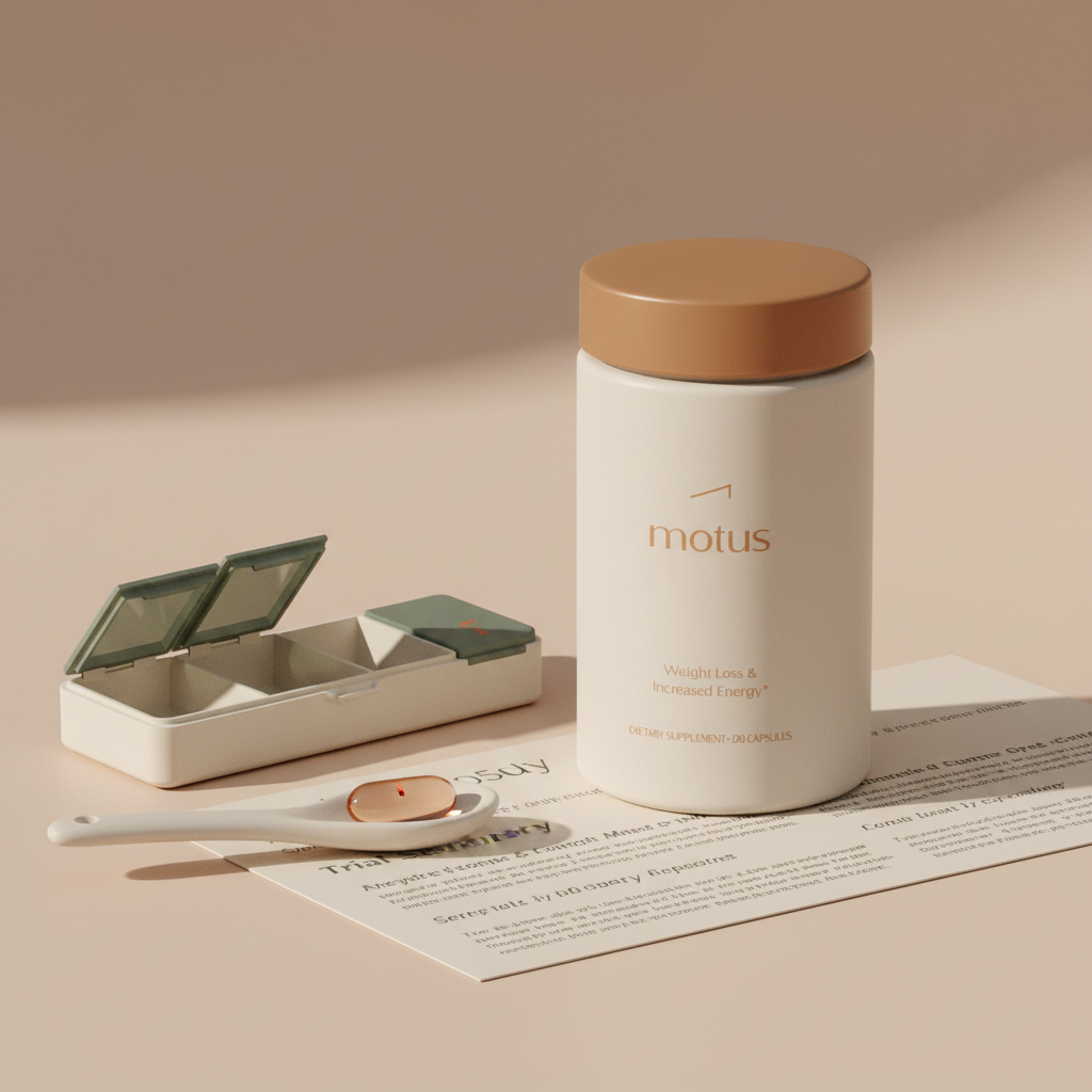 Close realistic product shot of Motus bottle with capsule on a ceramic spoon, pill organizer and trial summary on beige background in Tonum colors — what is the skinny shot for B12?